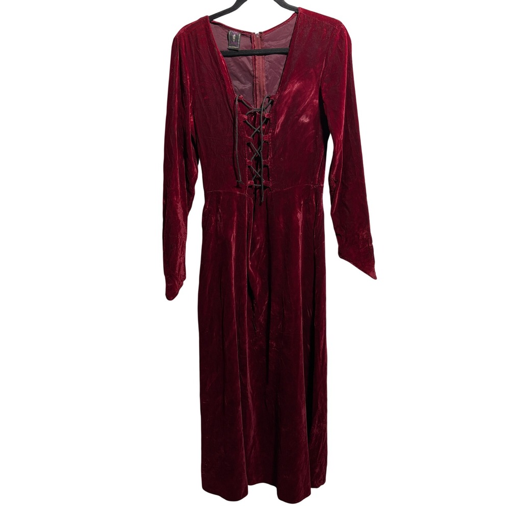 VTG Morbid Threads Velvet Maxi Dress‎ Lace Up V Neck Long Sleeve Burgundy Goth M